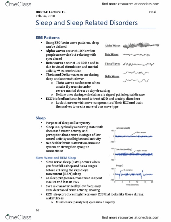 BIOC34H3 Lecture Notes - Lecture 17: Slow-Wave Sleep, Theta Wave, Sleep Disorder thumbnail