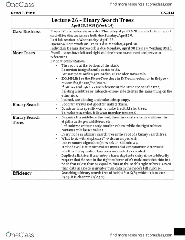 CS 2114 Lecture Notes - Lecture 26: Binary Search Tree, Mobile Suit Gundam, Object Copying thumbnail