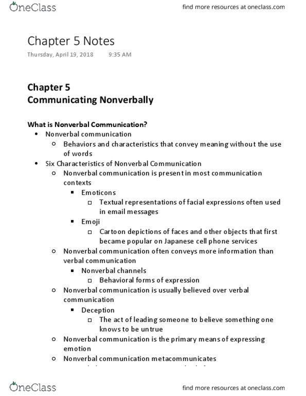 COMM 103 Chapter Notes - Chapter 5: Nonverbal Communication, Emoji, Proxemics thumbnail