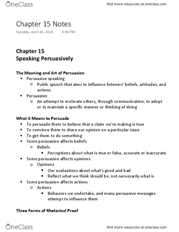 COMM 103 Chapter Notes - Chapter 15: Public Speaking, Thesis Statement, Deductive Reasoning thumbnail