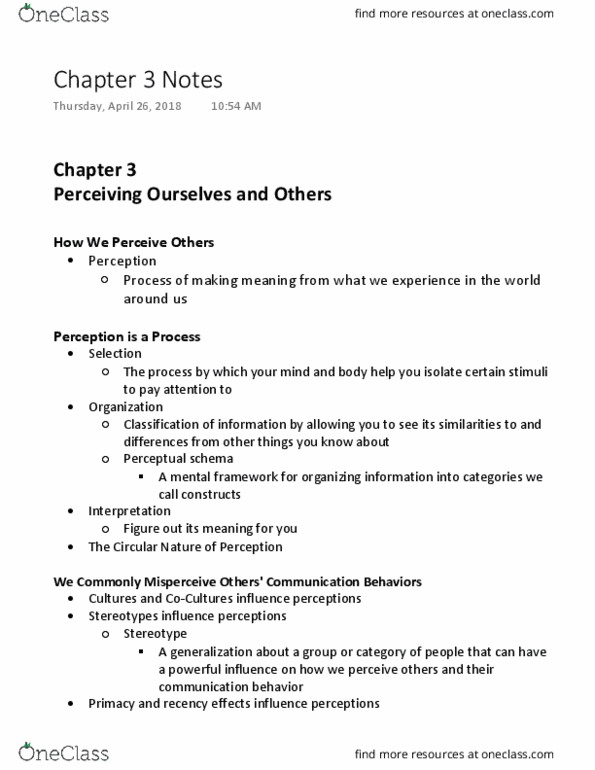 COMM 103 Chapter Notes - Chapter 3: Fundamental Attribution Error, Controllability, Johari Window thumbnail