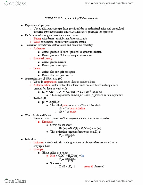 CHEM 01LC Lecture Notes - Lecture 3: Buffer Solution, Conjugate Acid, Acid Strength thumbnail