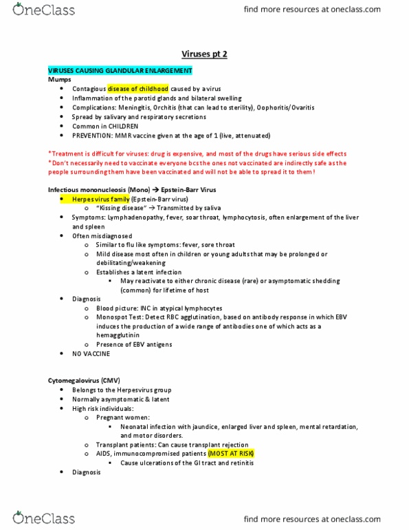 HSS 1100 Lecture Notes - Lecture 9: Epstein–Barr Virus, Attenuated Vaccine, Infectious Mononucleosis thumbnail