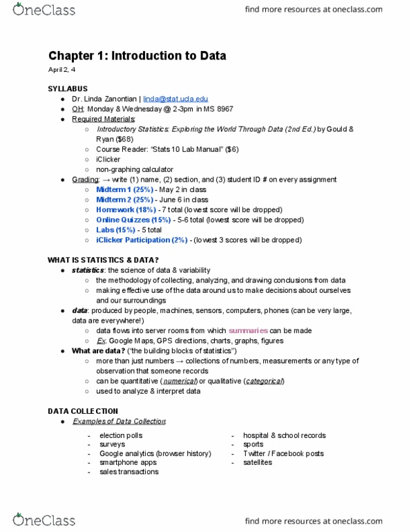 STATS 10 Lecture Notes - Lecture 1: Statistical Parameter, Confounding, Random Assignment thumbnail