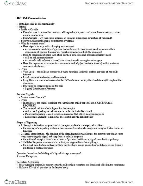 CAS BI 105 Lecture Notes - Lecture 5: Signal Transduction, Autocrine Signalling, Melanin thumbnail