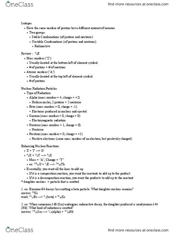 CAS CH 171 Lecture Notes - Lecture 4: Decay Product, Beta Particle, Electromagnetic Radiation thumbnail