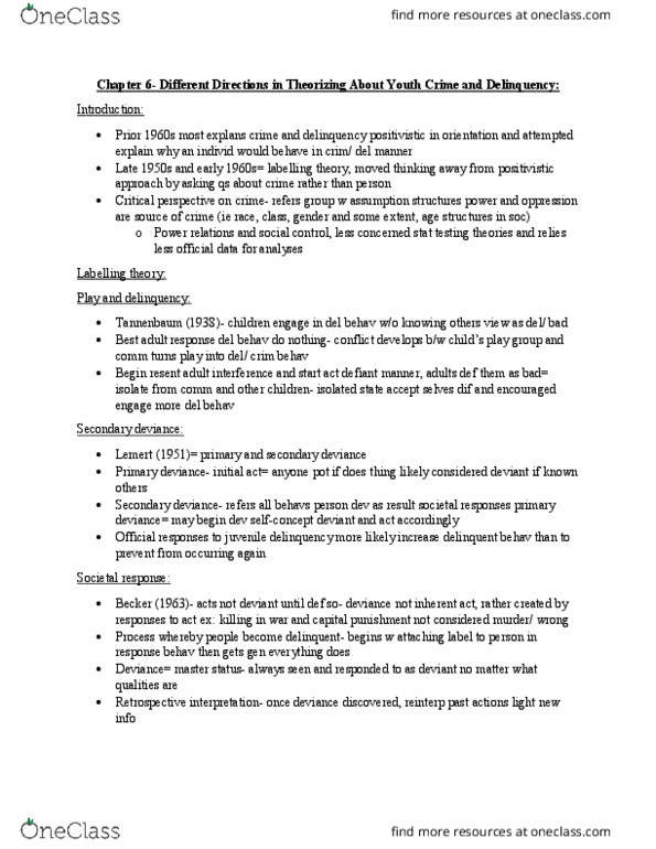 Sociology 2267A/B Chapter Notes - Chapter 6: Juvenile Delinquency, Critical Criminology, Labeling Theory thumbnail