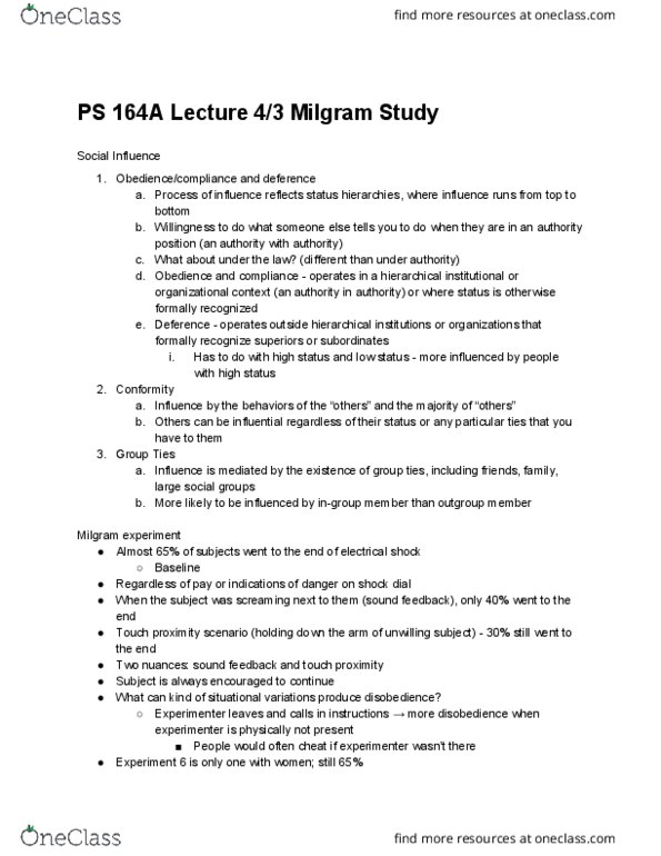 POL SCI 164A Lecture Notes - Lecture 18: Milgram Experiment, Social Status, Social Influence thumbnail