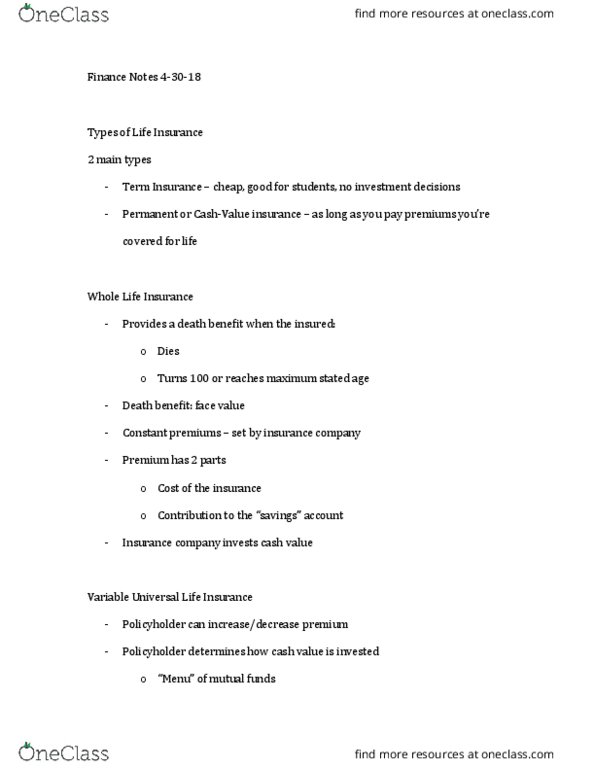 AAEC 2104 Lecture Notes - Lecture 21: Whole Life Insurance, Term Life Insurance, Savings Account thumbnail