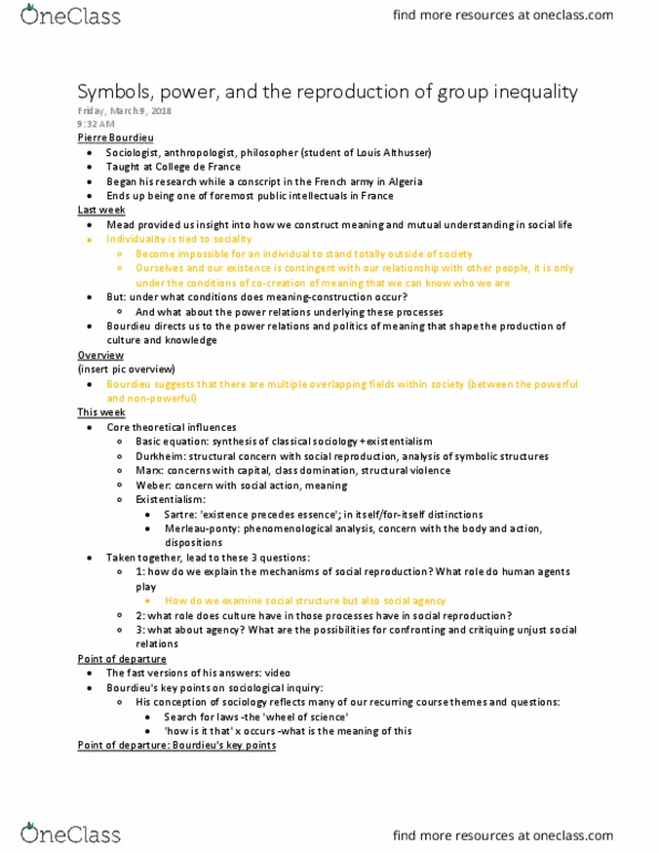 Sociology 2240E Lecture Notes - Lecture 20: Existence Precedes Essence, Pierre Bourdieu, Louis Althusser thumbnail