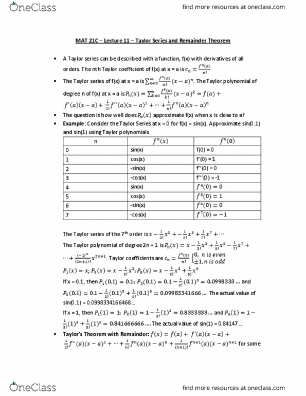 MAT 21C Lecture 11: MAT 21C – Lecture 11 – Taylor Series and Remainder Theorem thumbnail