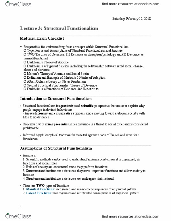 SOCIOL 2CC3 Lecture Notes - Lecture 3: Anomie, Deinstitutionalisation, Personality Disorder thumbnail