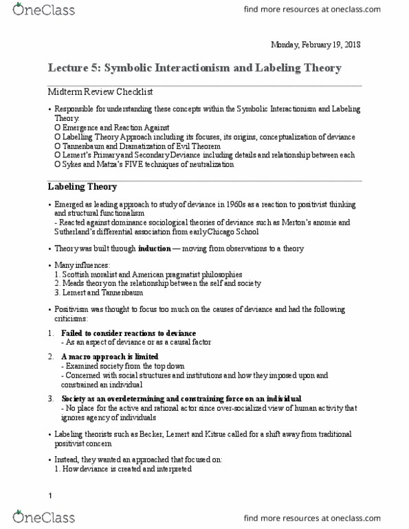 SOCIOL 2CC3 Lecture Notes - Lecture 5: Symbolic Interactionism, O Tannenbaum, Labeling Theory thumbnail