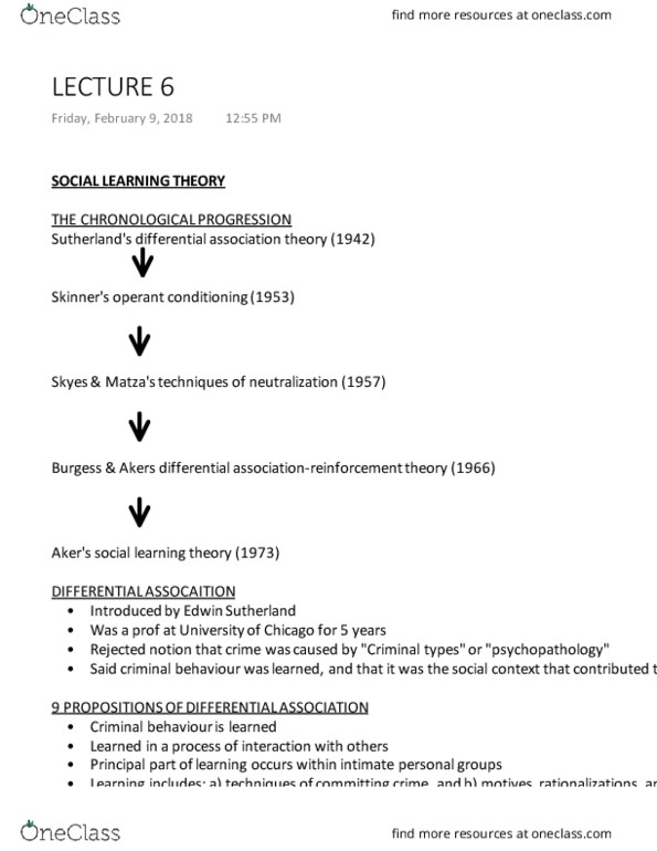 CRIM 104 Lecture Notes - Lecture 6: Edwin Sutherland, Social Learning Theory, Differential Association thumbnail