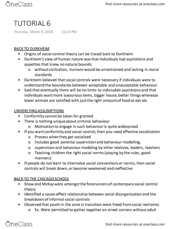 CRIM 104 Lecture Notes - Lecture 6: Social Control Theory, Juvenile Delinquency, Social Disorganization Theory thumbnail