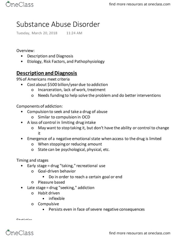 PSYC 210 Lecture Notes - Lecture 17: Substance Abuse, Etiology, Substance Dependence thumbnail