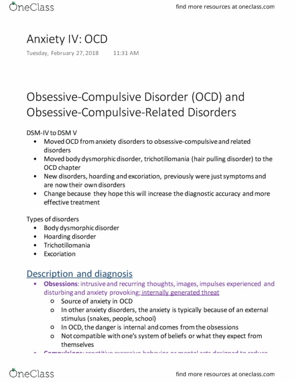 PSYC 210 Lecture Notes - Lecture 13: Body Dysmorphic Disorder, Trichotillomania, Dsm-5 thumbnail