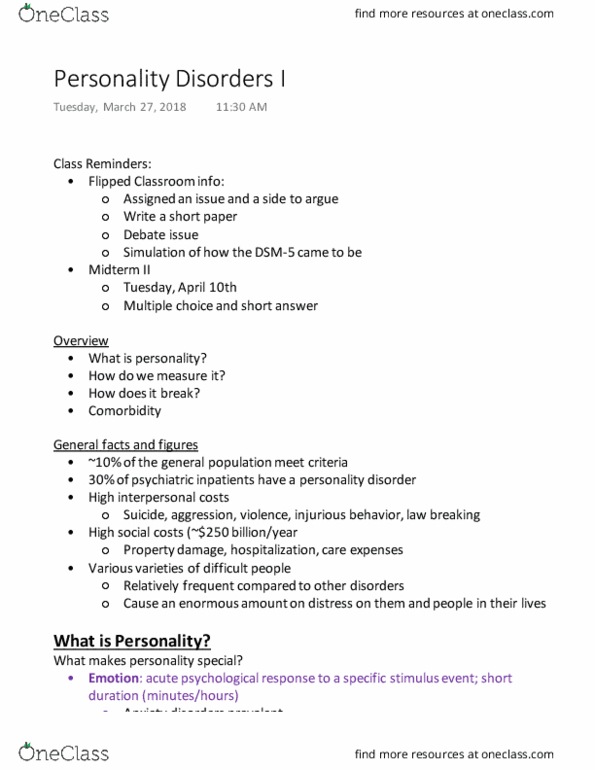 PSYC 210 Lecture Notes - Lecture 19: Personality Disorder, Social Anxiety Disorder, Flipped Classroom thumbnail