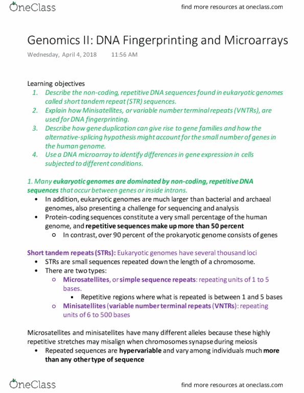 BIOL 142 Lecture Notes - Lecture 20: Dna Microarray, Dna Profiling, Tandem Repeat thumbnail