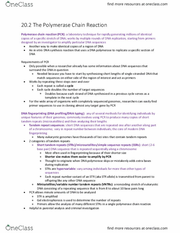 BIOL 142 Chapter Notes - Chapter 20.2: Polymerase Chain Reaction, Tandem Repeat, Dna Profiling thumbnail