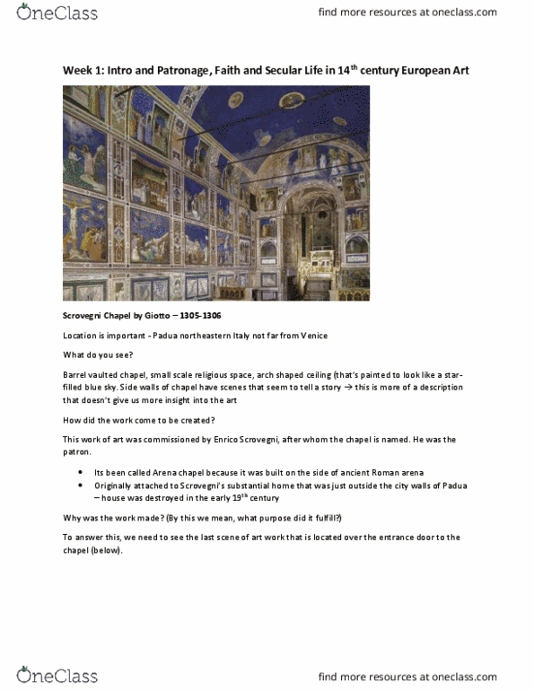 ARTHIST 1AA3 Lecture Notes - Lecture 1: Scrovegni Chapel, Enrico Degli Scrovegni, Seven Virtues thumbnail