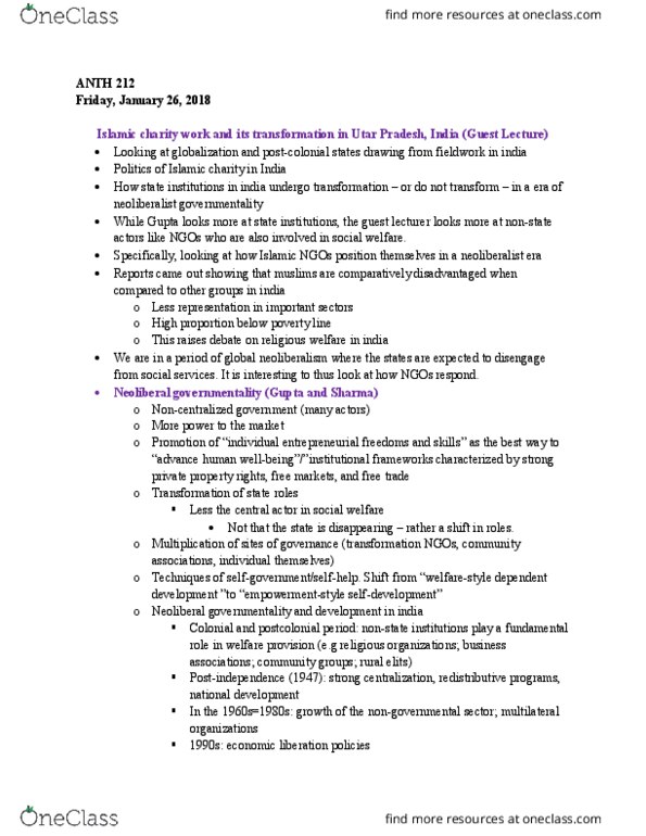 ANTH 212 Lecture Notes - Lecture 8: Neoliberalism, Governmentality, Zakat thumbnail
