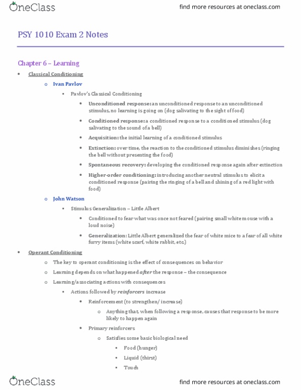 PSY 1010 Lecture Notes - Lecture 6: Operant Conditioning Chamber, Little Albert Experiment, Classical Conditioning thumbnail