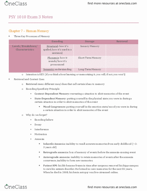 PSY 1010 Lecture Notes - Lecture 7: Anterograde Amnesia, Retrograde Amnesia, Henry Molaison thumbnail