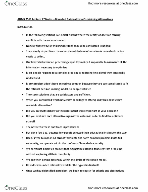 ADMS 2511 Lecture Notes - Lecture 17: Bounded Rationality, Satisficing thumbnail