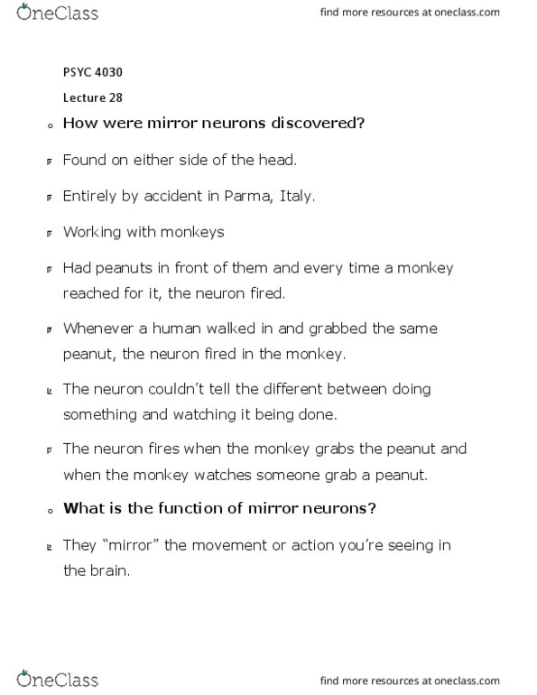 PSYC 4030 Lecture Notes - Lecture 28: Mirror Neuron thumbnail