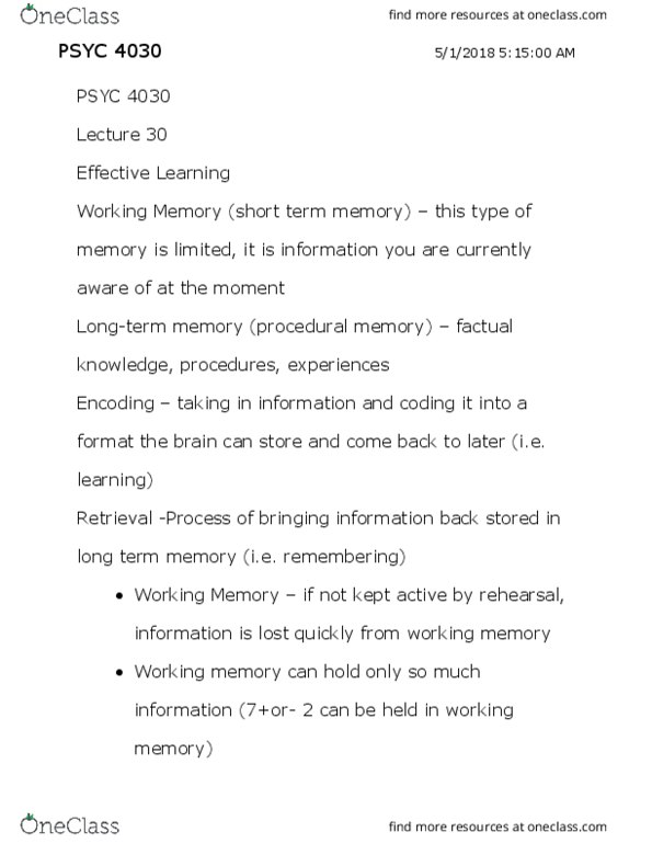 PSYC 4030 Lecture Notes - Lecture 30: Long-Term Memory, Procedural Memory thumbnail