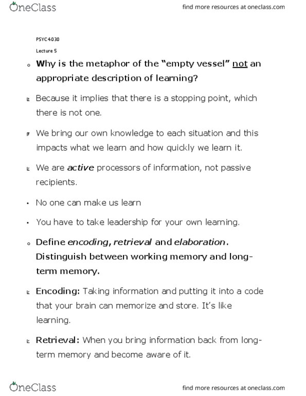 PSYC 4030 Lecture Notes - Lecture 5: Long-Term Memory, Working Memory, Metacognition thumbnail