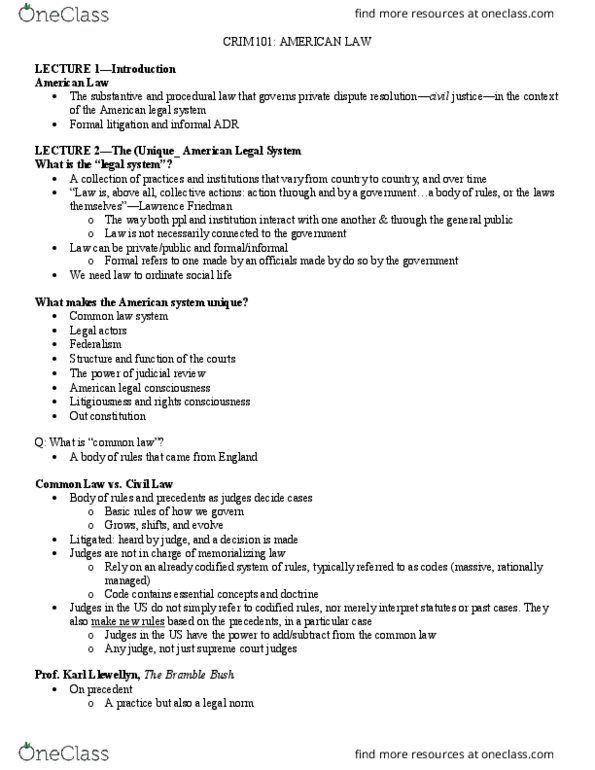 CRM/LAW C101 Lecture Notes - Lecture 1: The Bramble Bush, Karl Llewellyn, Procedural Law thumbnail