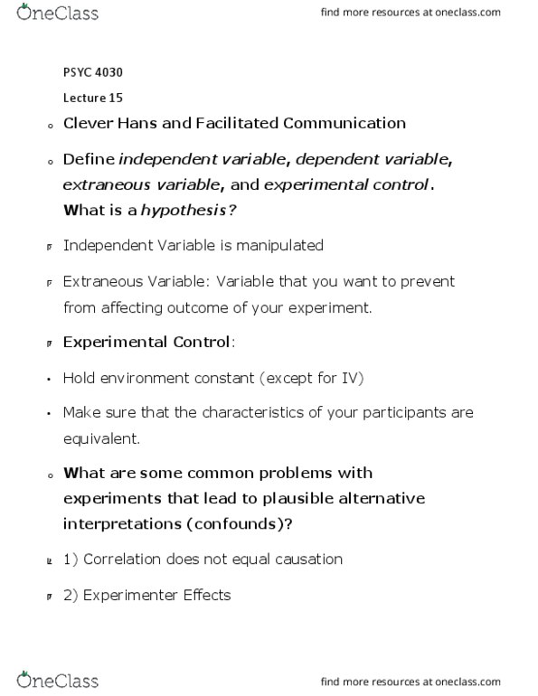 PSYC 4030 Lecture Notes - Lecture 15: Dependent And Independent Variables, Facilitated Communication, Hawthorne Effect thumbnail