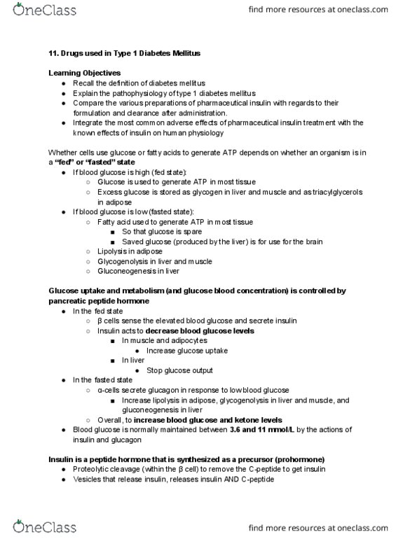 Pharmacology 3620 Lecture Notes - Lecture 37: Diabetes Mellitus Type 1, Pancreatic Polypeptide, Blood Sugar thumbnail