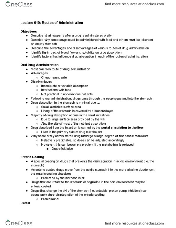 Pharmacology 3620 Lecture Notes - Lecture 10: Enteric Coating, Grapefruit Juice, Intravenous Therapy thumbnail