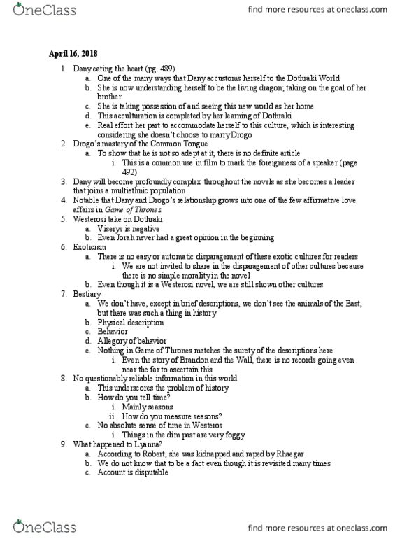 ENG 395 Lecture Notes - Lecture 19: List Of A Song Of Ice And Fire Characters, Exoticism, Acculturation thumbnail