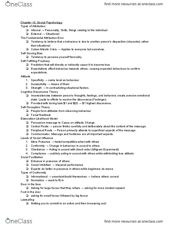 PSYCO105 Lecture Notes - Lecture 9: Cuban Missile Crisis, Cognitive Dissonance, Fundamental Attribution Error thumbnail