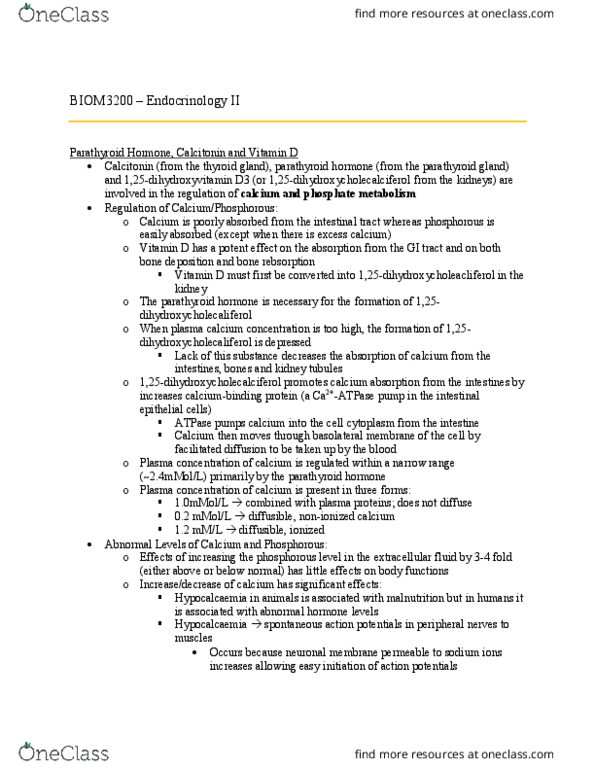 BIOM 3200 Lecture Notes - Lecture 5: Parathyroid Gland, Thyroid, Cholecalciferol thumbnail