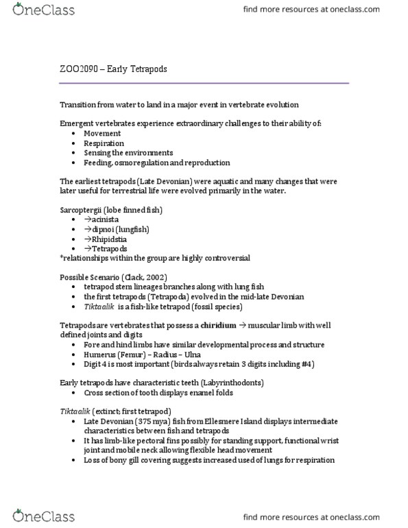 ZOO 2090 Lecture Notes - Lecture 8: Ellesmere Island, Tiktaalik, Lungfish thumbnail