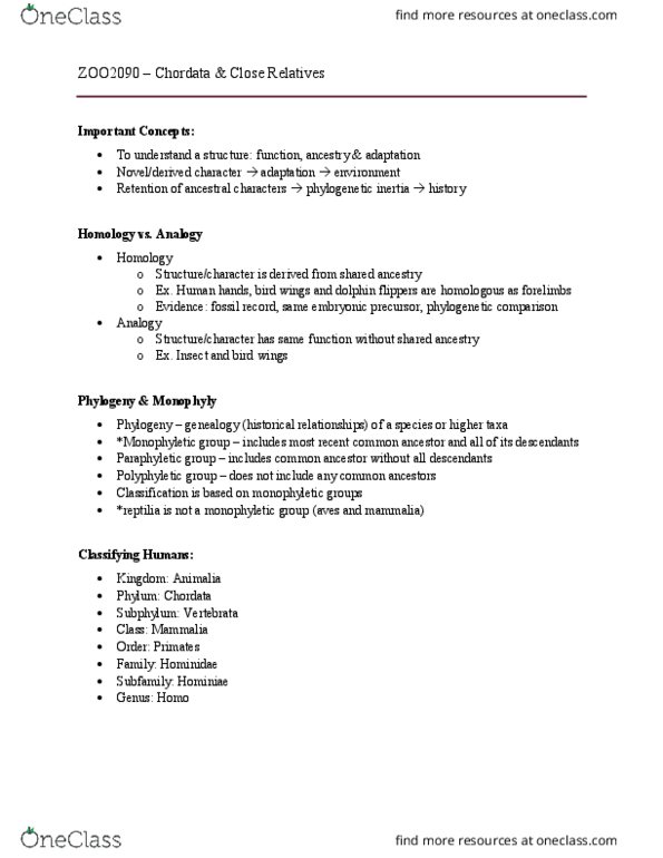 ZOO 2090 Lecture Notes - Lecture 1: Reptile, Monophyly, Vertebrate thumbnail