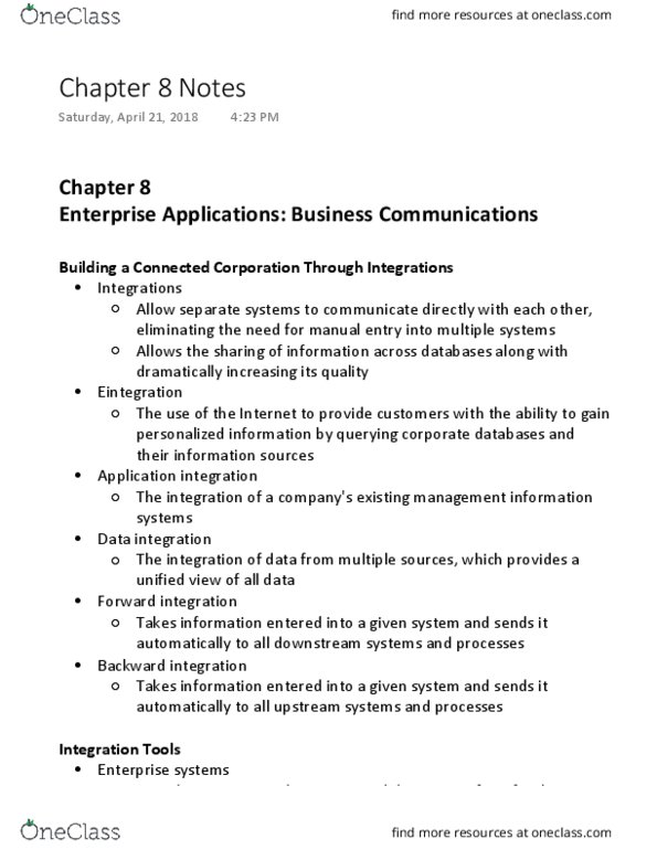 MIS 180 Chapter Notes - Chapter 8: Enterprise Application Integration, Enterprise Resource Planning, Supplier Relationship Management thumbnail