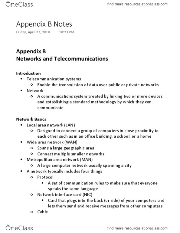 MIS 180 Chapter Notes - Chapter Appendix B : Local Area Network, Network Interface Controller, Wide Area Network thumbnail