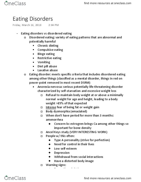 NUTR 2105 Lecture Notes - Lecture 9: Gastroparesis, Binge Eating Disorder, Eating Disorder thumbnail