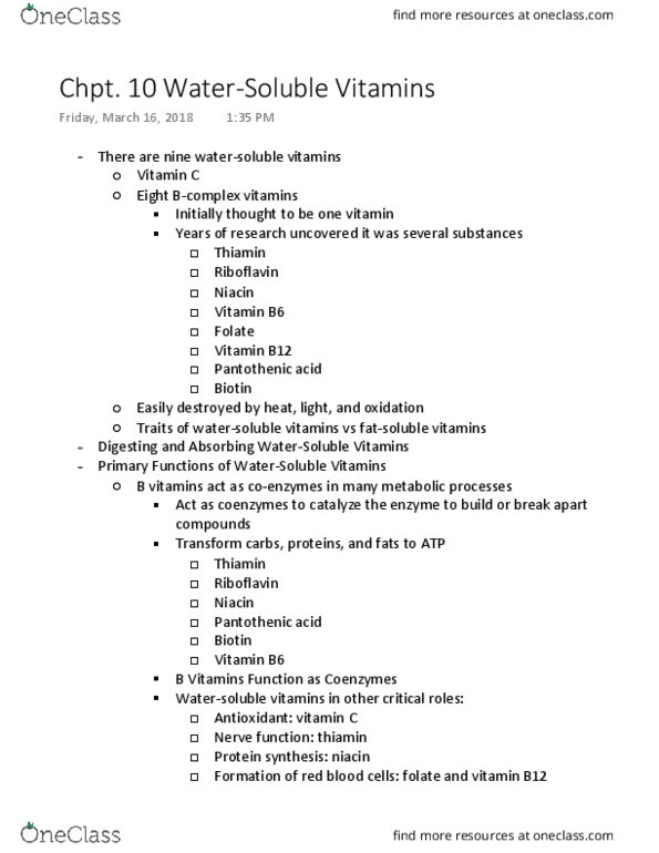 NUTR 2105 Lecture 10: Chapter 10 Water-Soluble Vitamins thumbnail