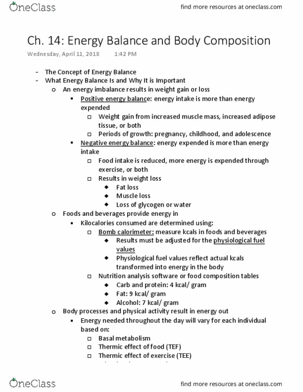 NUTR 2105 Lecture Notes - Lecture 15: Basal Metabolic Rate, Body Composition, Weight Gain thumbnail