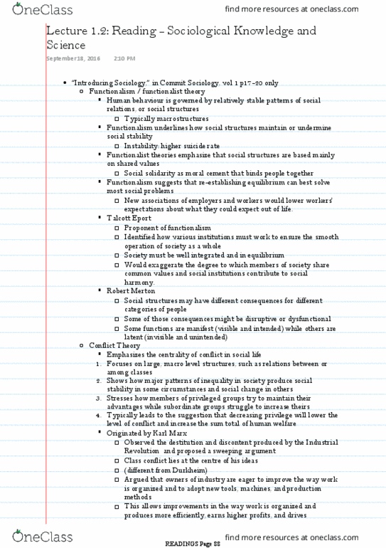 SOC101Y1 Chapter Notes - Chapter 2: Protestant Work Ethic, Symbolic Interactionism, Class Conflict thumbnail