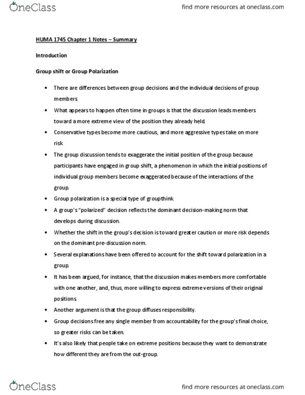 HUMA 1745 Chapter Notes - Chapter 1: Group Polarization thumbnail