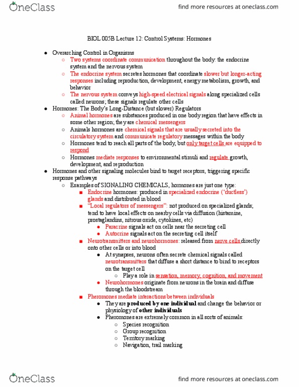 BIOL 005B Lecture Notes - Lecture 12: Endocrine System, Autocrine Signalling, Prostaglandin thumbnail