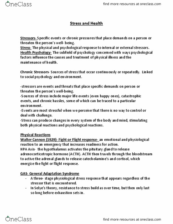 PSYC 1200 Chapter Notes - Chapter Chapter 14: Walter Bradford Cannon, Adrenocorticotropic Hormone, Catecholamine thumbnail